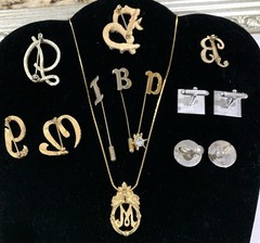 Vintage Lot of 11 INITIAL Brooches, Stick Pins, Necklace, Cuff Links, Earrings