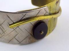 Vintage Sterling Silver and Brass Black Onyx Wide Cuff Bracelet 6.75 In V GOOD