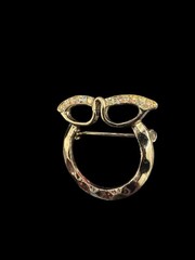 Vintage Eye Glasses Pin Brooch Lanyard Hanger Gold Tone Cat Eye Crystals J8