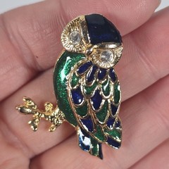 3 Vintage OWL Pin Brooch Lot: Gold Tone Green Belly, Rhinestones, Liz Claiborne