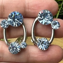VTG Earrings Clips 1 Inch Sky Blue Glass Sparkly Rhinestones Oval Silver MCM