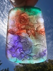 Natural Burmese Rainbow Amber Pendant Peony Carving Luminous Collectible Gift
