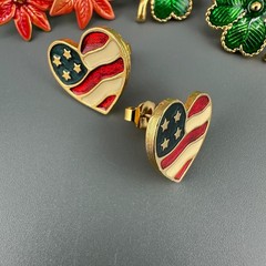 Vintage Enamel Stud Earrings Lot Signed Poinsettias Shamrocks USA Hearts Holiday