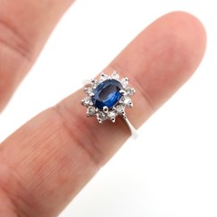 Classic 14k Solid White Gold Natural Blue Sapphire and Diamond HALO Ring Sz 6.5