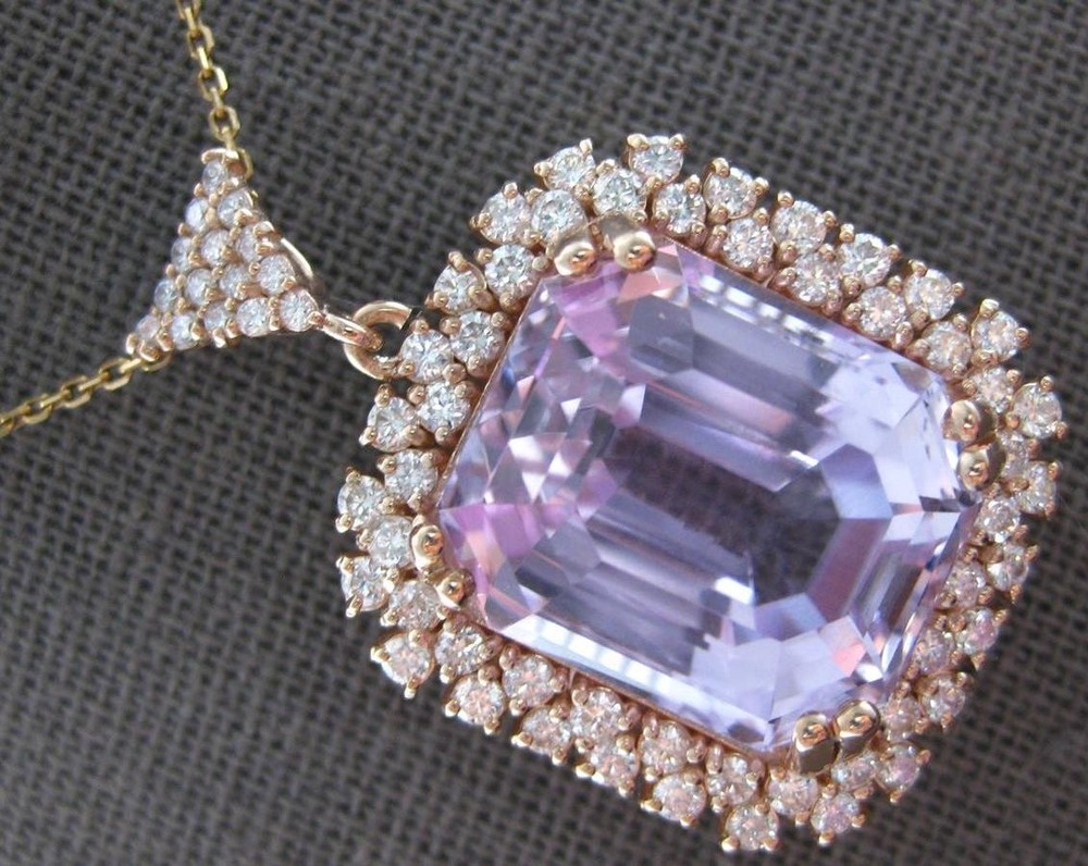 EXTRA LARGE 5.30CT DIAMOND & AAA KUNZITE 14KT ROSE GOLD SQUARE FLOATING PENDANT