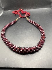 Vtg Almandine Garnet Bead Necklace Woven Rope Boho w Fabric Cord