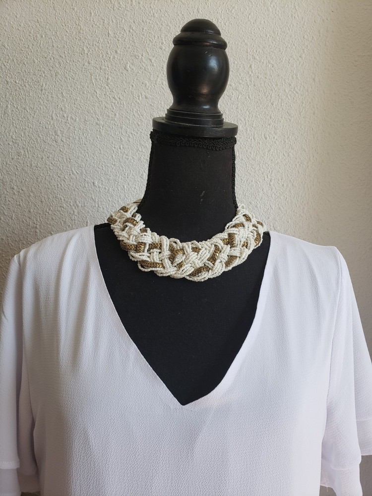 Vtg 1980-90s Statement White Beads/ Gold Metal Bib Braided Neclace Chunky Boho
