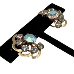 Vintage Clear AB Rhinestone Swirl Design Gold Tone Screw Back Earrings