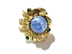 INTERESTING BLUE WHITE MARBLED STONE AND GREEN RHINESTONE RING ETCHED ADJUSTABLE