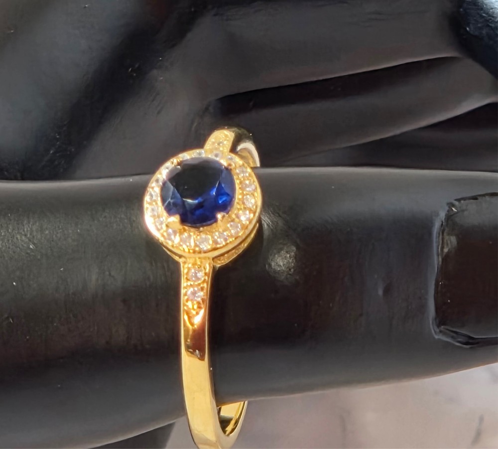 VINTAGE-RETRO .925 Silver Gold Tone – Sapphire & Rhinestone Solitaire sz 11.25