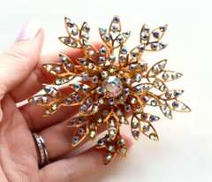HUGE Vintage AB Glass Rhinestone Snowflake Brooch Articulated Gold Tone 3.5in