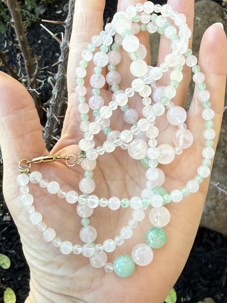 Vintage Green Adventure And White Quartz Double Strand Necklace 24″ & 20″L