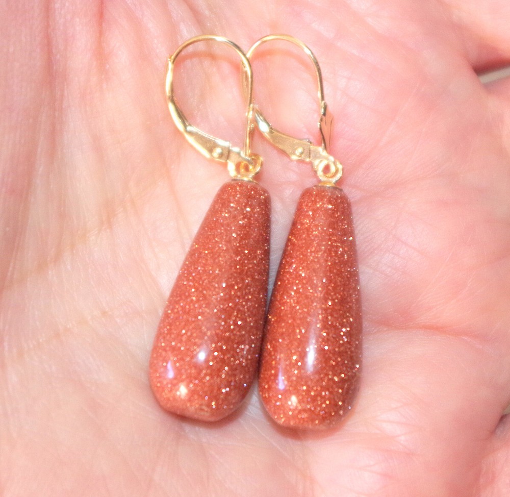 Handmade 14K Carved Large Sunstone Tear Drop Lever back Earrings