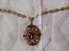 Vintage West Germany Gold Tone Costume Purple Rhinestone Large Pendant Necklace