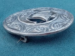 Antique 800 Silver Scottish Cloak Pin w. Viking Ship Theme: 1.5″ dia. & 15 grams