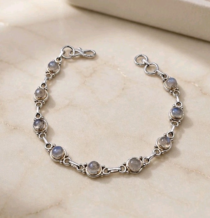 925 Sterling Silver White Moonstone Link Bracelet Minimalist Boho Artisan 7.75in