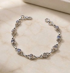 925 Sterling Silver White Moonstone Link Bracelet Minimalist Boho Artisan 7.75in