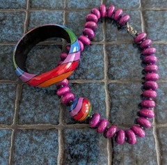 Vintage 80s Matching Necklace And Bangle Bracelet Painted Wood Set