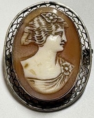 Vintage Cameo Carved Shell Portrait Of Lady Silver Filigree Brooch