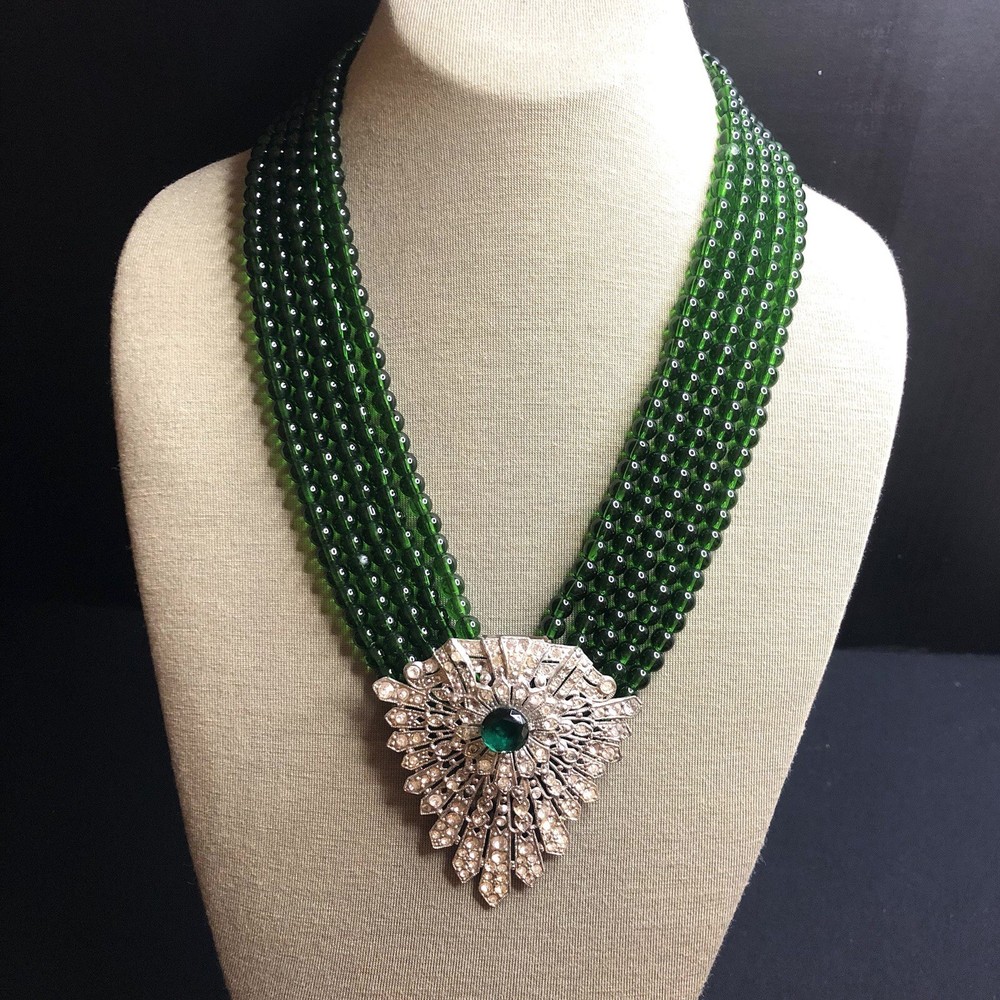 One Of A Kind Statement Necklace..Antique Dress Clip. Green Glass Beads (AS IS)