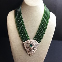 One Of A Kind Statement Necklace..Antique Dress Clip. Green Glass Beads (AS IS)