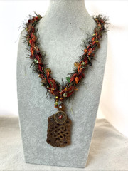 WOW VTG Artisan Colorful Modernist Necklace boho carved faux jade crochet Unique