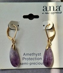 Vintage Natural Amethyst Stone Goldtone Dangle Leverback Earrings