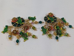 Lunch at the Ritz Frog Lily Pad Dangle Clip Earrings 3″