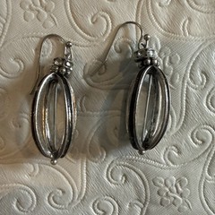 Vintage Sterling Silver Openwork Cage Lantern Dangle Earrings Rhinestone Accent