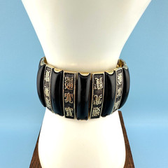 Vintage Bracelet Asian Panel Bar Expandable Stretch Link Gold Tone Black Enamel