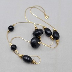 Vintage Station Black Bead Necklace Gold tone Chain Long 30″