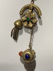 RARE Antique Brass CZECH Unique Necklace Tassel Stone Chatelaine Pulley Fob