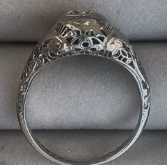 Ring-Antique, Art Deco, White Gold, Diamond, Old Mine Cut, Vintage Filigree