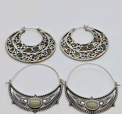 Crescent Hoop Earrings Lot 2 Pair Silver tone Pierced Bohemian Cellular 1.5 in