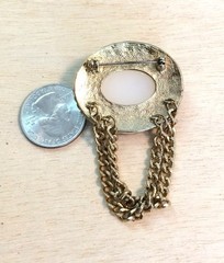 Vintage Gold Tone Faux Pearl Cabochon Brooch Pin with Hanging Chains