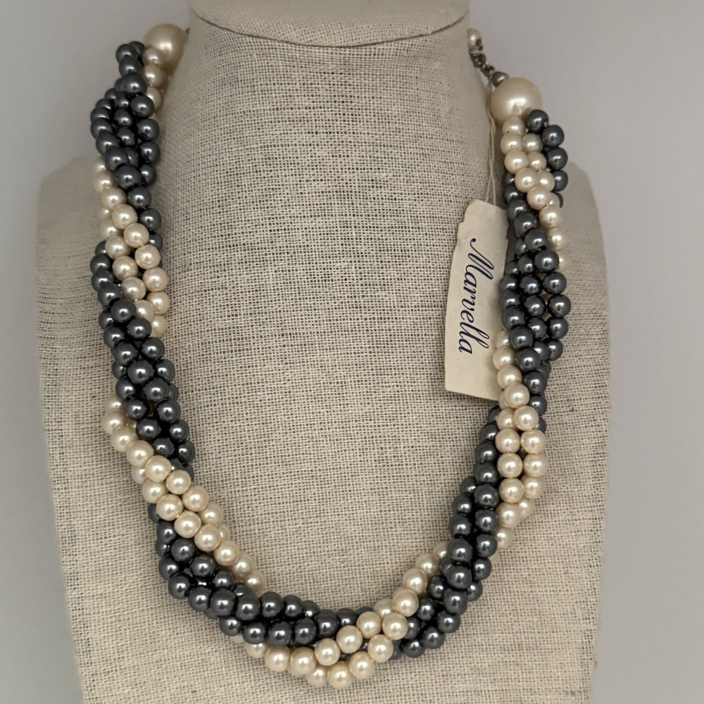 Vintage MARVELLA NWT NOS Twisted Pearl Torsade Necklace Black White