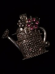 Vintage AAI Silver Watering Can Brooch with Pink Rhinestone Flower 1.5 inch