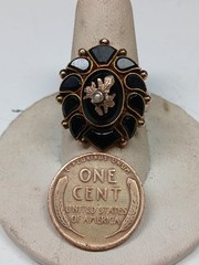 Victorian 14K Gold Black Onyx & Pearl Mourning Ring Size 6.25