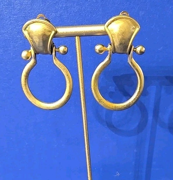 Vintage Matte Gold Tone Door Knocker Donna Karen D.K.N.Y Clip On Earrings 1980s