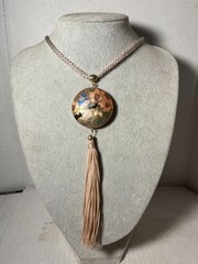 Vtg Cloisonne Pendant Tassel Necklace 26” Nylon Chain Brown Enamel Bird/Flowers