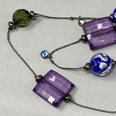 Glass Bead Station Necklace Blue Flower Lampwork Purple Acrylic Black Tone 36″
