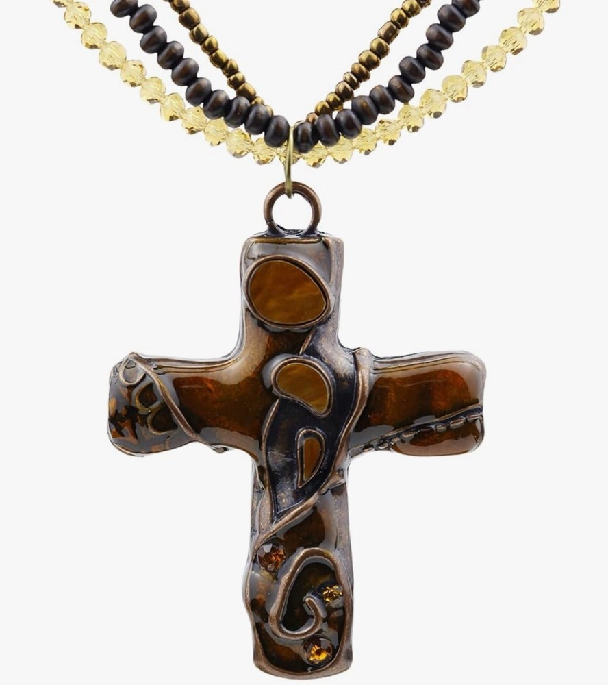 Vintage Retro Gothic Bohemian Cross Pendant Multi-Layered Beaded Chain Necklace