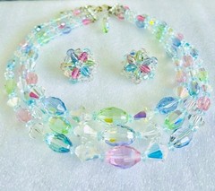 1950s Pastel Pink Blue Green AB Crystal Glass 3 Strand Necklace Earring Set
