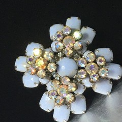 Vtg Maltese Cross Blue Milk Glass Brooch Pin AB Crystal Floral Accents 2.4″