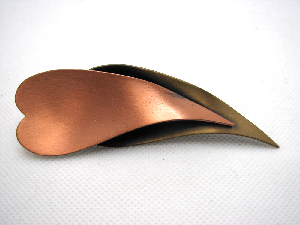 Large Vintage Copper & Brass Modernist Double Leaf Brooch Pin Signed Kim