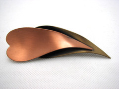 Large Vintage Copper & Brass Modernist Double Leaf Brooch Pin Signed Kim