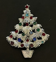Vintage Christmas Tree Silver Tone Multicolor Rhinestone Pin/Brooch-2″