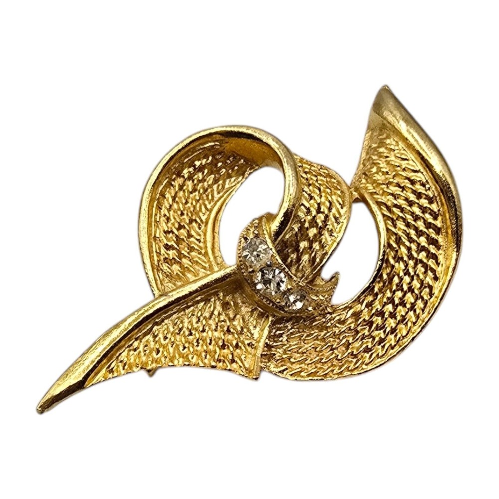 Ribbon Brooch Abstract Design Three Clear Rhinestones Textured Gold Tone Vtg