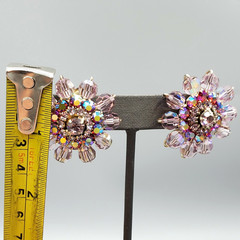 Vintage Unsigned Designer Purple Lilac AB Crystal Bead Halo Gold Plated Earrings