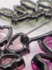 Double Flower Pink And Green Lucite Brooch, Black (Japaned) Colored Metal